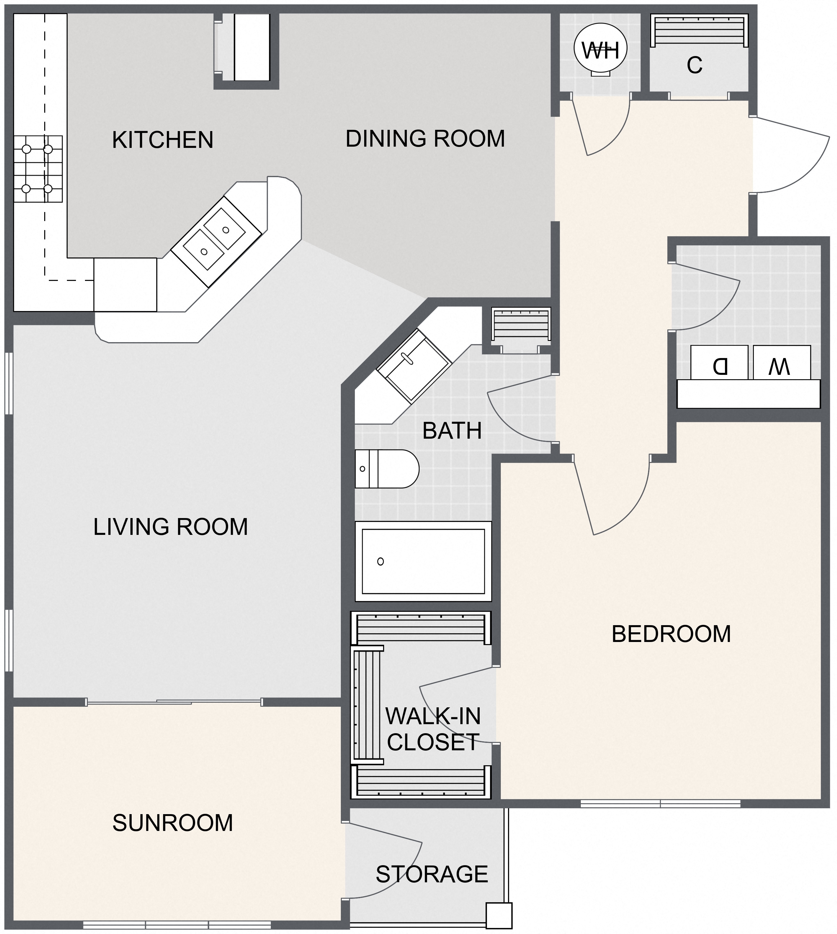 Floor plan for 1 bed, 1 bath, 929 sqft